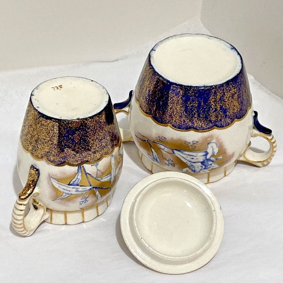 Vintage porcelain creamer & sugar bowl cobalt blue gold highlights unique floral - Picture 11 of 12